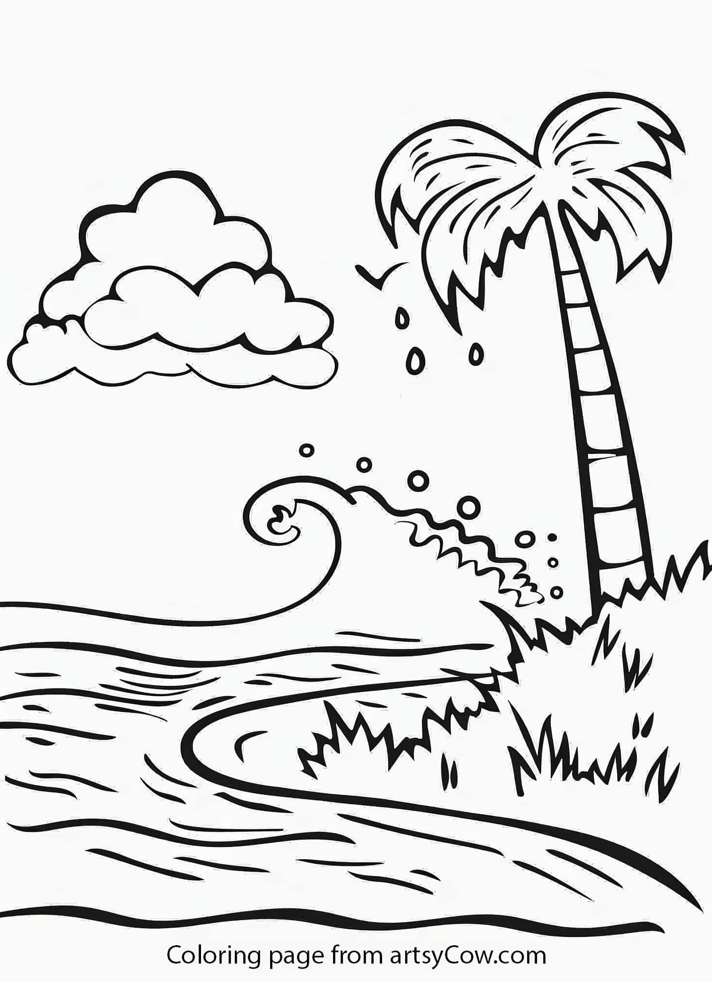 a palm tree, cloud, and ocean wave